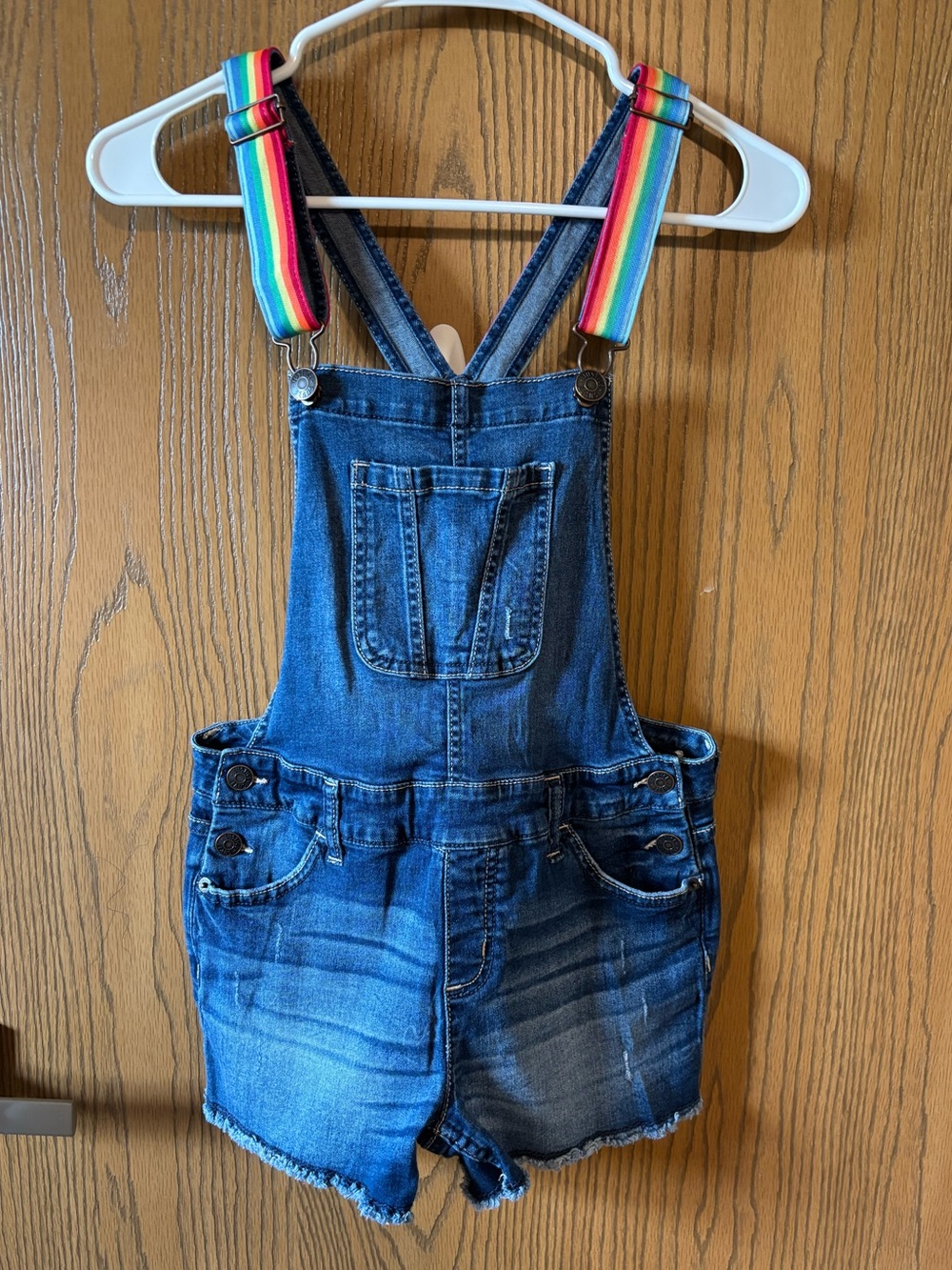 Justice Denim Short Overalls with Rainbow Straps - Blue Jean Shortalls 14